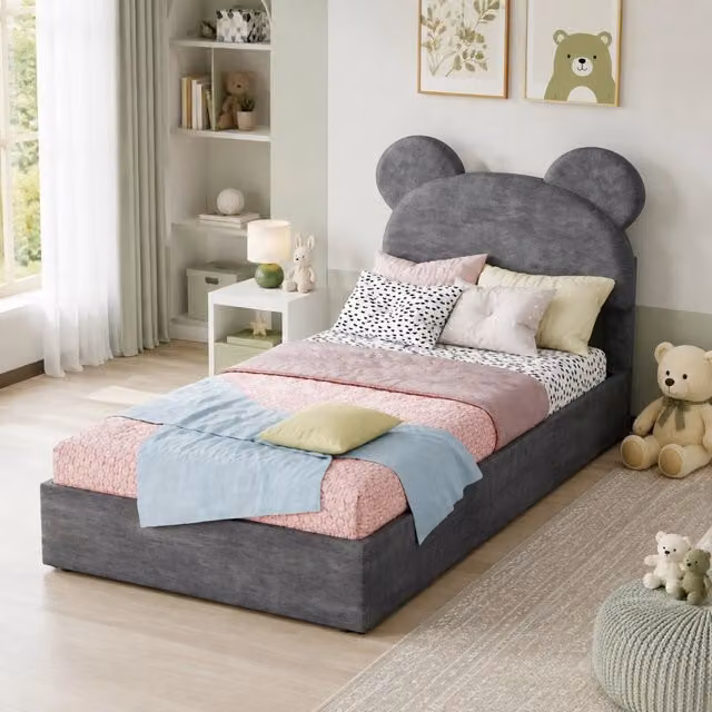 Letto singolo imbottito 90 × 200 cm con contenitore a gas testiera a forma di cartone grigio