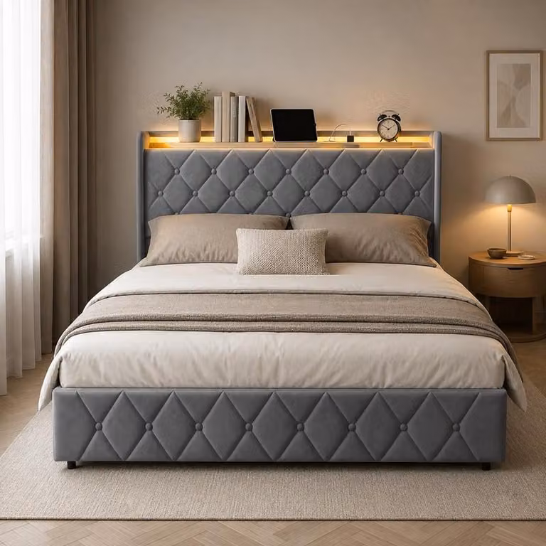 Letto imbottito ProximaX 140x200 cm in velluto con vano portaoggetti idraulico, LED RGB e stazione di ricarica USB-C, grigio scuro