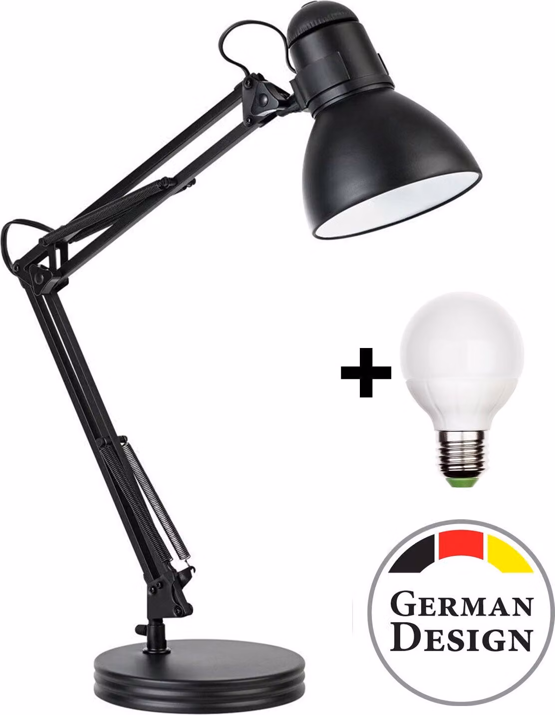 Lampada da scrivania retrò in metallo nero con braccio articolato – Lampada da lettura e da lavoro regolabile in altezza, con lampadina LED E27 inclusa