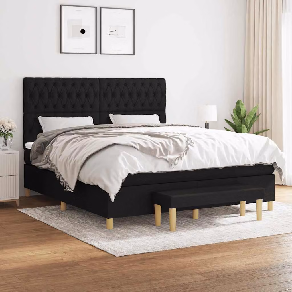vidaXL Letto Ibrido con Giroletto a Molle e Materasso in Tessuto Nero L: 180 cm, P: 200 cm, H: 128 cm – 1