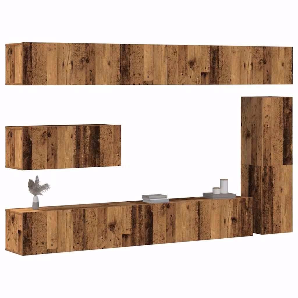 Set Mobile TV vidaXL da 7 pezzi in Legno Antico Marrone per Soggiorno, Montaggio a Parete