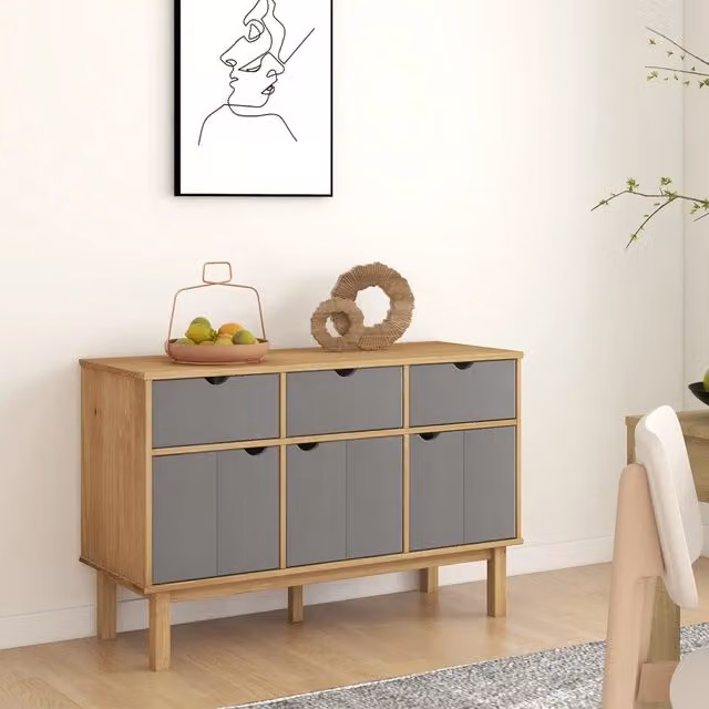 Credenza in stile scandinavo vidaXL in legno di pino, Marrone e Grigio, L: 114 cm, P: 43 cm, H: 73,5 cm