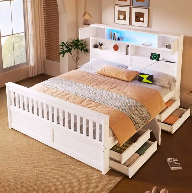 Letto 160x200 cm con cassetti; LED e testiera libreria in MDF e compensato bianco