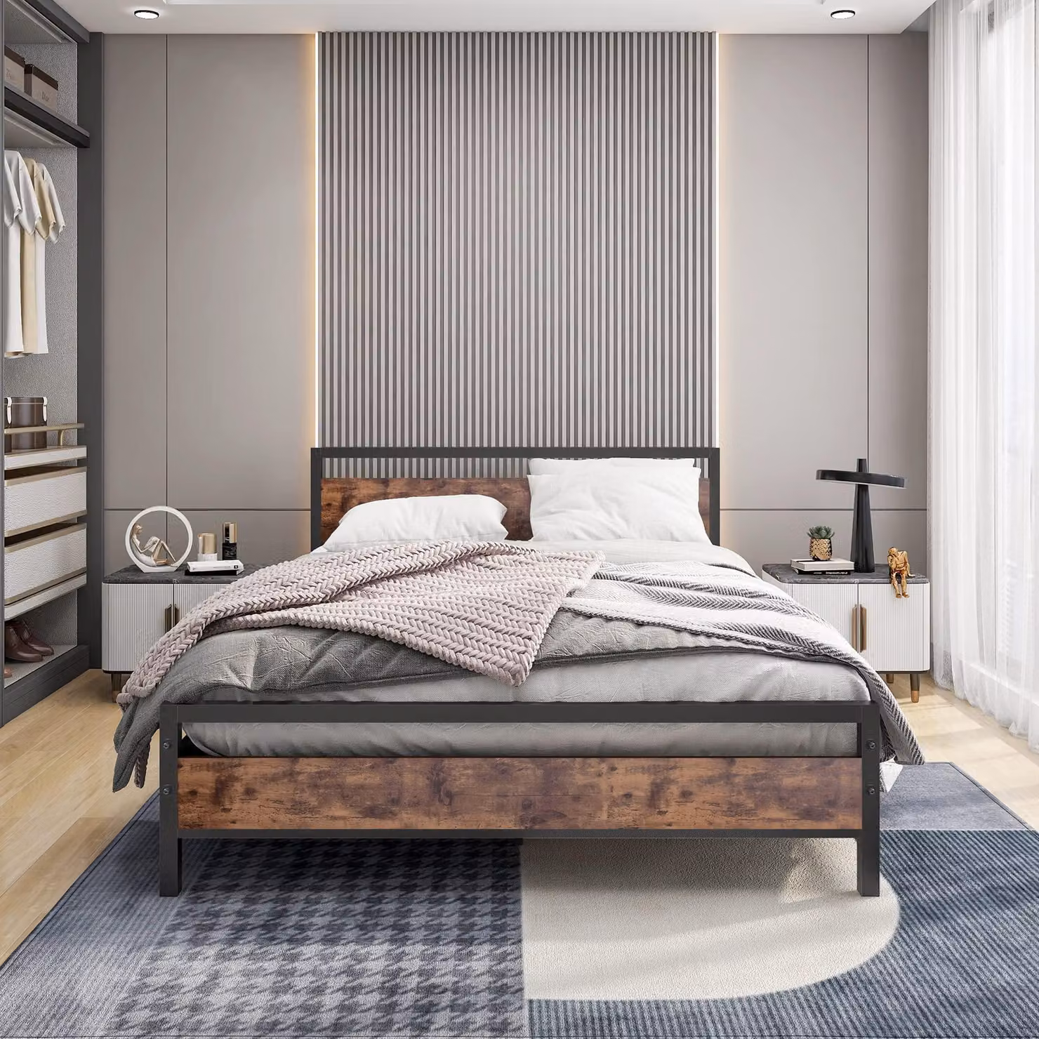 Struttura letto matrimoniale in metallo con testiera in legno, con spazio contenitivo, dimensioni 211x154x88,5 cm