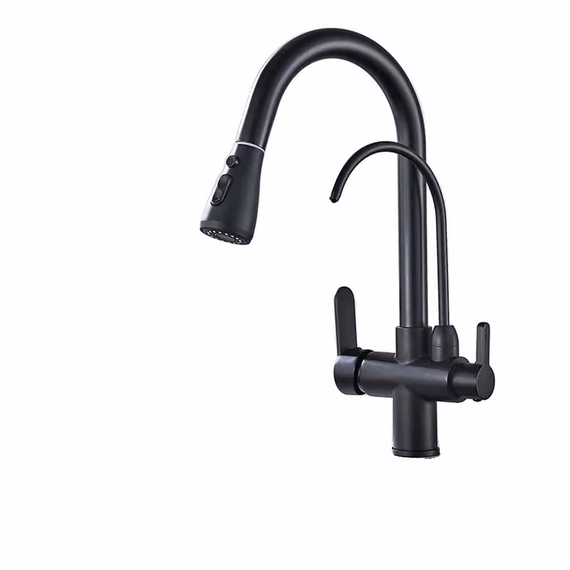 Rubinetto da cucina filtrato, acqua fredda e calda, funzione spray estraibile, nero opaco