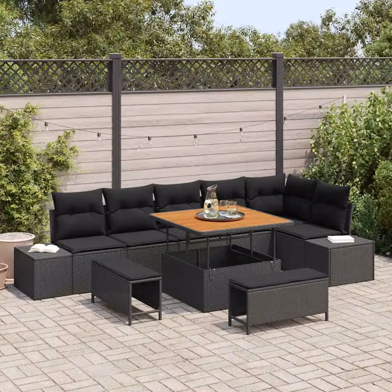 Set Divano da Giardino vidaXL 9 Pezzi con Cuscini Nero in Poly Rattan e Acciaio