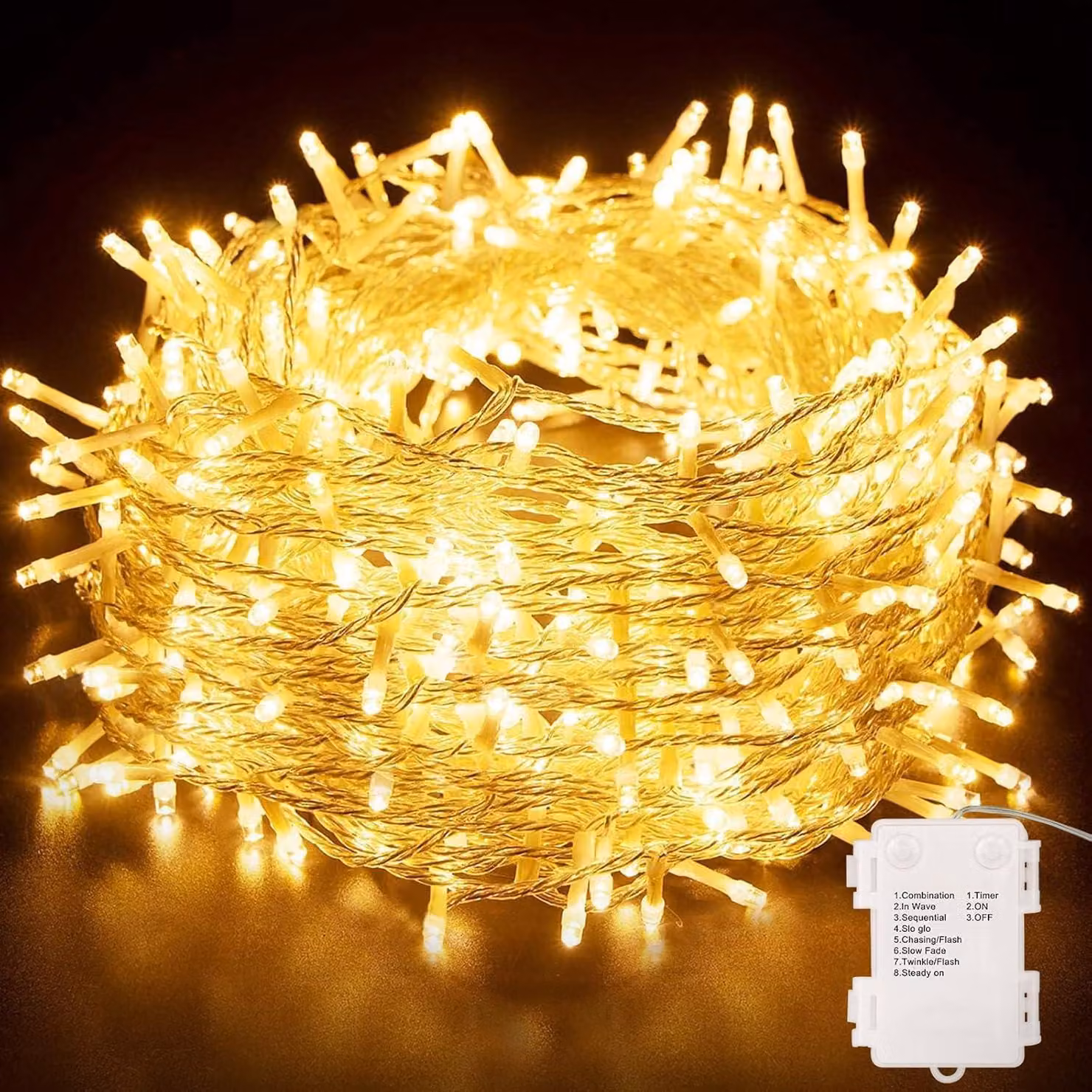 Catena luminosa a LED, 15 metri, 8 modalità, grado di protezione IP65, luce bianco caldo, con timer, per interni ed esterni