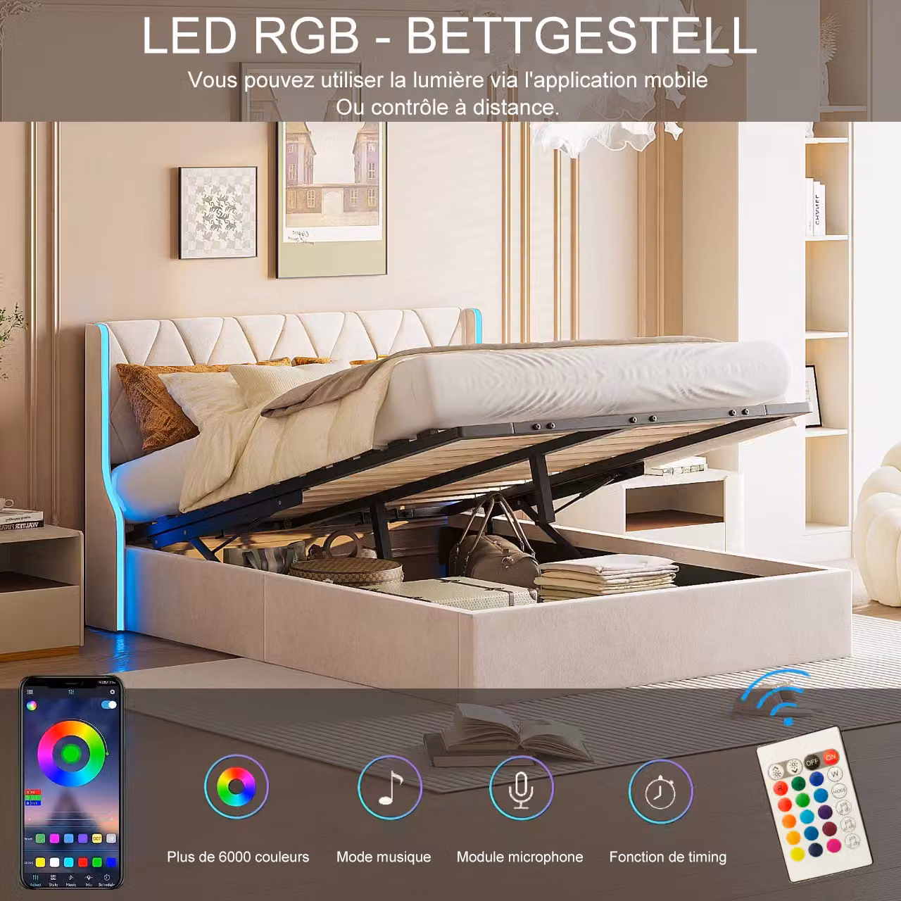 Letto imbottito ProximaX 140x200cm con LED e rete a doghe, letto a molle idrauliche con rete e contenitore, letto matrimoniale in velluto con contenitore letto funzionale, beige