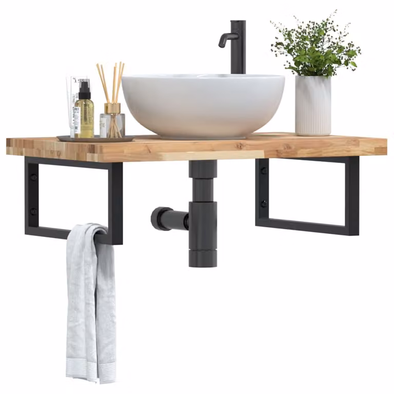 vidaXL Ripiano da parete per lavabo in legno di acacia e metallo nero e marrone