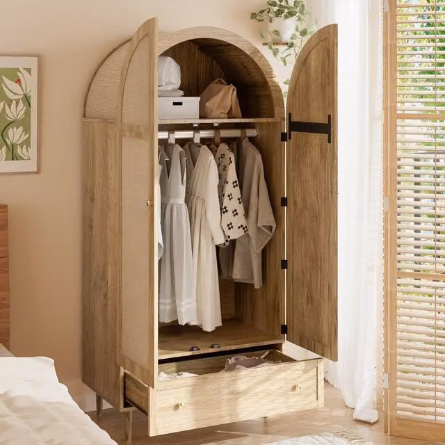 Armadio guardaroba con cassetti 79x50x175 cm in MDF finitura rovere; porte rivestite in tessuto