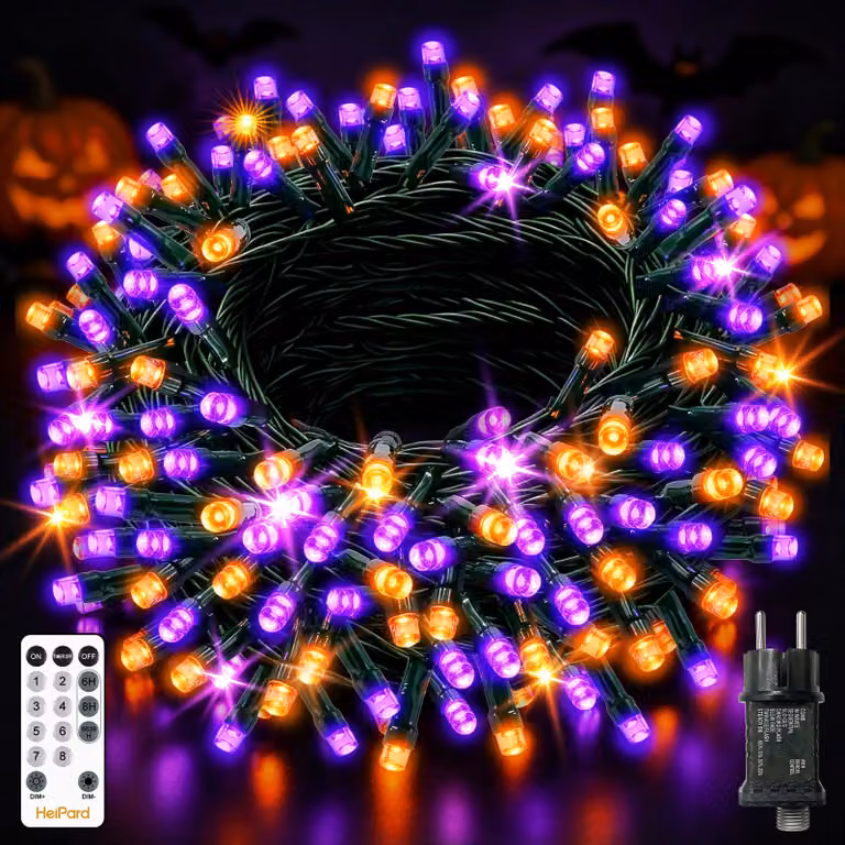 Catena luminosa a tema Halloween, 20 metri, 200 LED, arancione e viola, con telecomando
