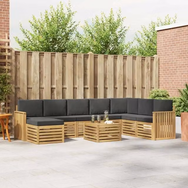 Set di divani da giardino a forma di L vidaXL in legno di acacia massello con cuscini grigi