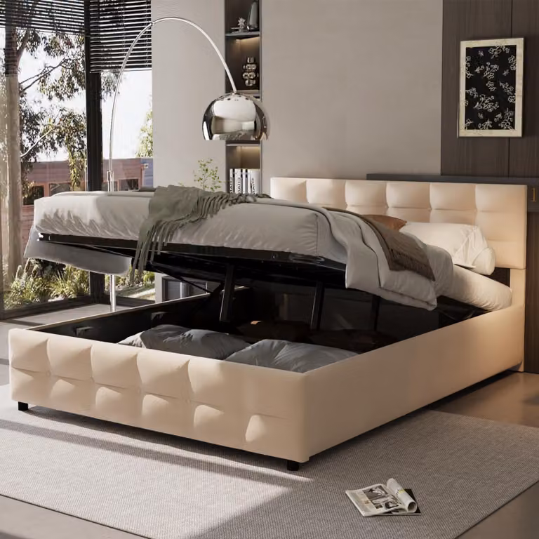Letto imbottito idraulico Merax, 180x200 cm, con rete a doghe, contenitore per biancheria realizzato in velluto olandese, letto matrimoniale morbido con sistema di sollevamento, color beige