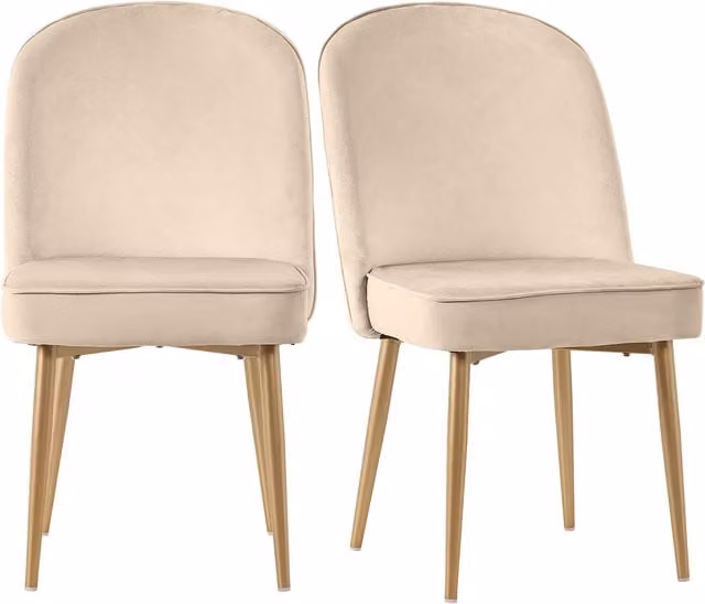 Set di 2 sedie da pranzo moderne in velluto beige con gambe in metallo dorato, L: 50 cm, P: 62 cm, H: 89 cm