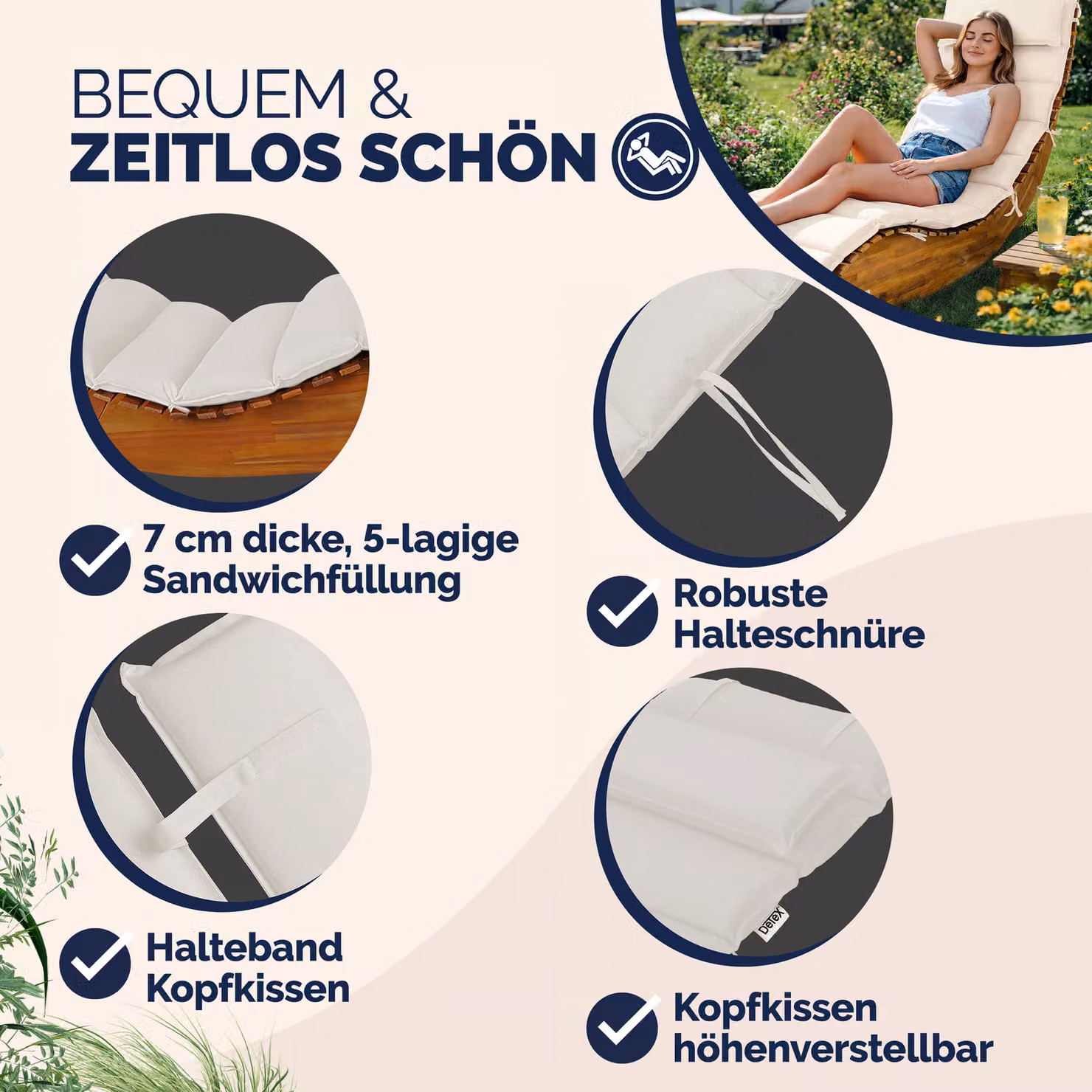 Lettino per sauna Java Casaria in legno di acacia certificato FSC con cuscino beige e poggiatesta regolabile – 3