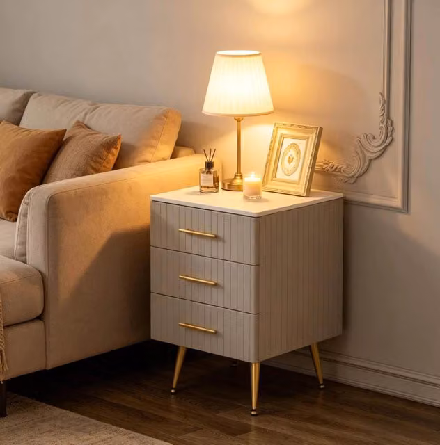 Comodino 62x40,5x41 cm grigio MDF, 3 cassetti con rivestimento in velluto