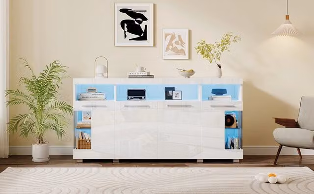 Credenza Moderna Bianca Lucida con Luci LED per Soggiorno o Sala da Pranza, Larghezza: 140 cm