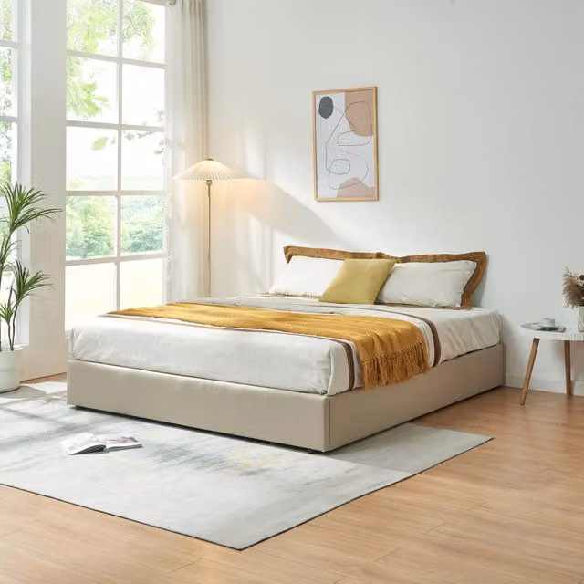 Letto Matrimoniale Contenitore Nola 180x200 cm Apertura a Ribalta Rivestito in Tessuto Lino - Beige [en.casa]