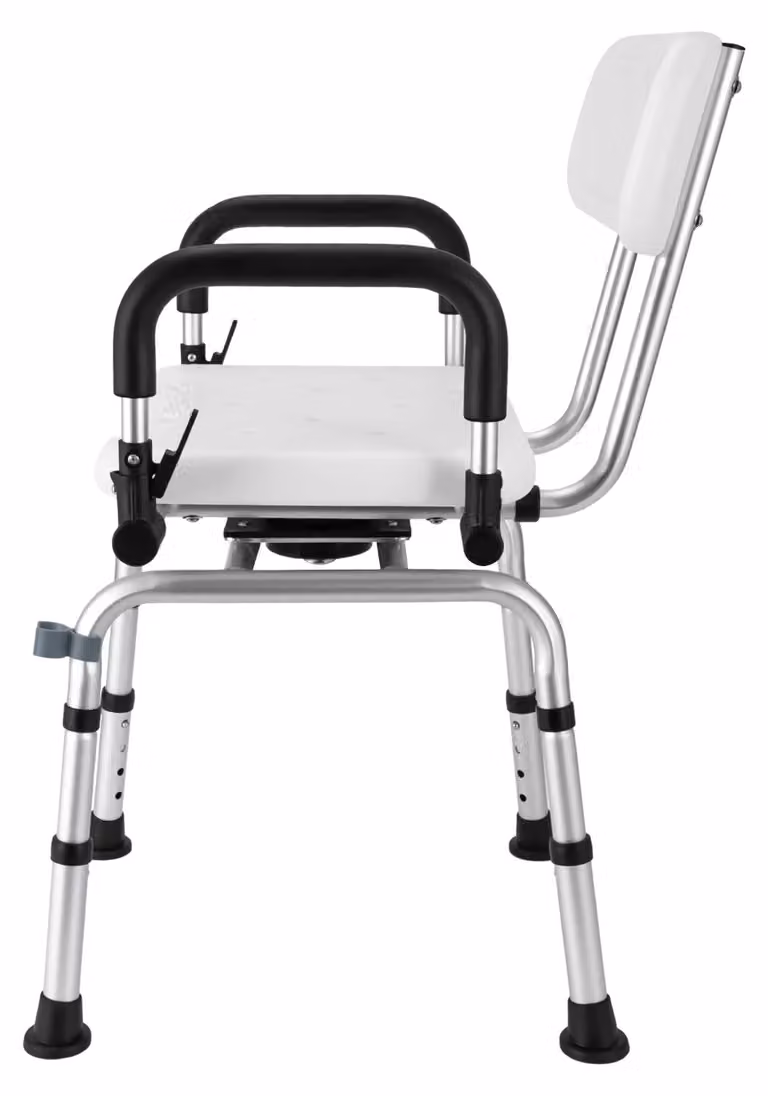 Sedia da doccia - Sedia girevole a 360° con braccioli e schienale - Altezza regolabile da 40 a 48 cm - Portata massima 180 kg - Materiale: plastica - Colore: argento