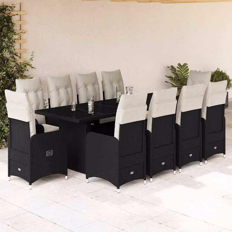 Set da Bistrò da Giardino vidaXL 11 pz in Polyrattan Nero con Cuscini e Tavolo in Vetro