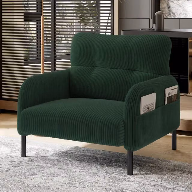 Poltrona REDOM in velluto a coste verde con struttura in metallo L: 67 cm, P: 75 cm, H: 79 cm