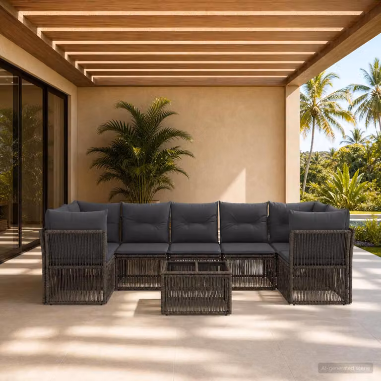 Set Divano da Giardino vidaXL 8 Pezzi in Polyrattan Grigio con Cuscini e Tavolino