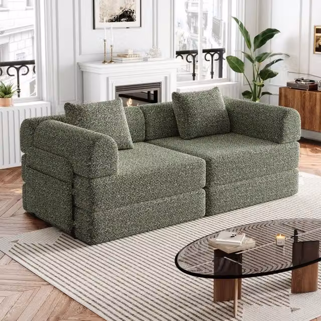 Divano letto convertibile 2 in 1 183 x 94;1 x 69;8 cm; contenitore nei braccioli; struttura metallica tripla; modulare; ciniglia; verde