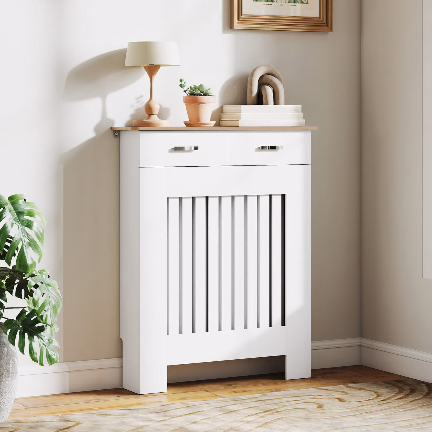 Copritermosifone HOMCOM in legno con doghe e cassetto, Bianco, L: 78 cm, P: 19 cm, H: 97 cm – 2