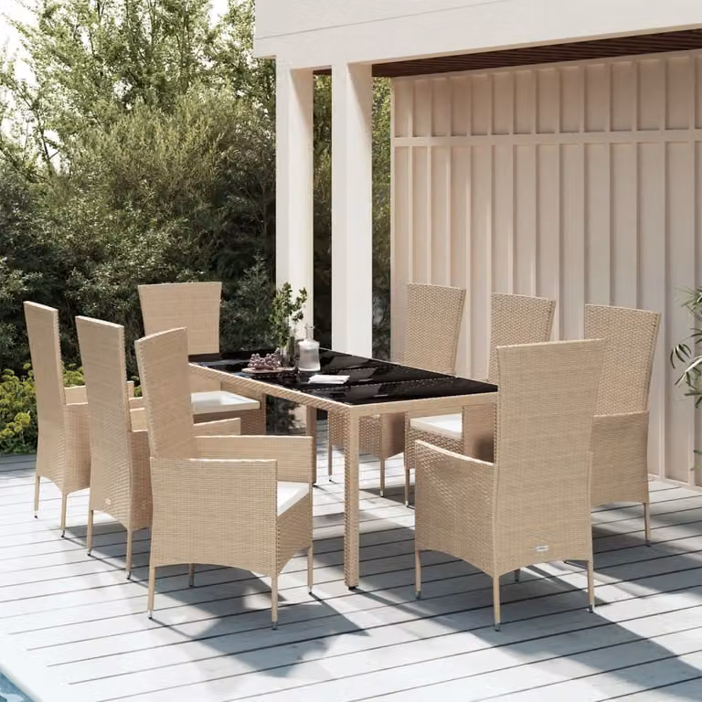Set da pranzo da giardino vidaXL in polyrattan con tavolo in legno di acacia e cuscini beige e bianchi, 9 pezzi