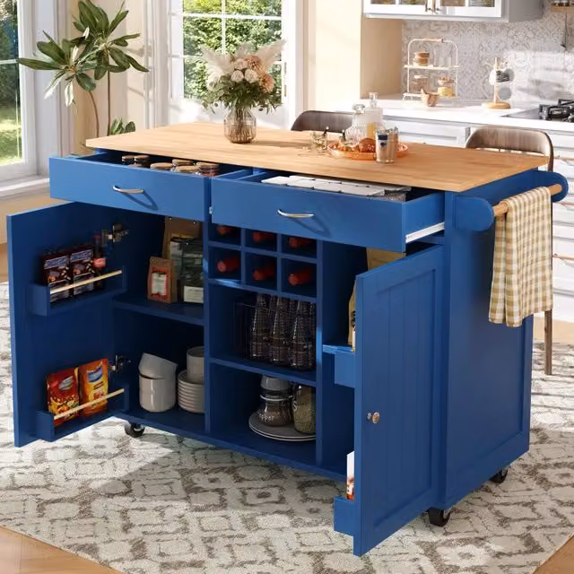 Isola cucina 102 x 45 x 92 cm in MDF e metallo, mobile multifunzione blu con ruote