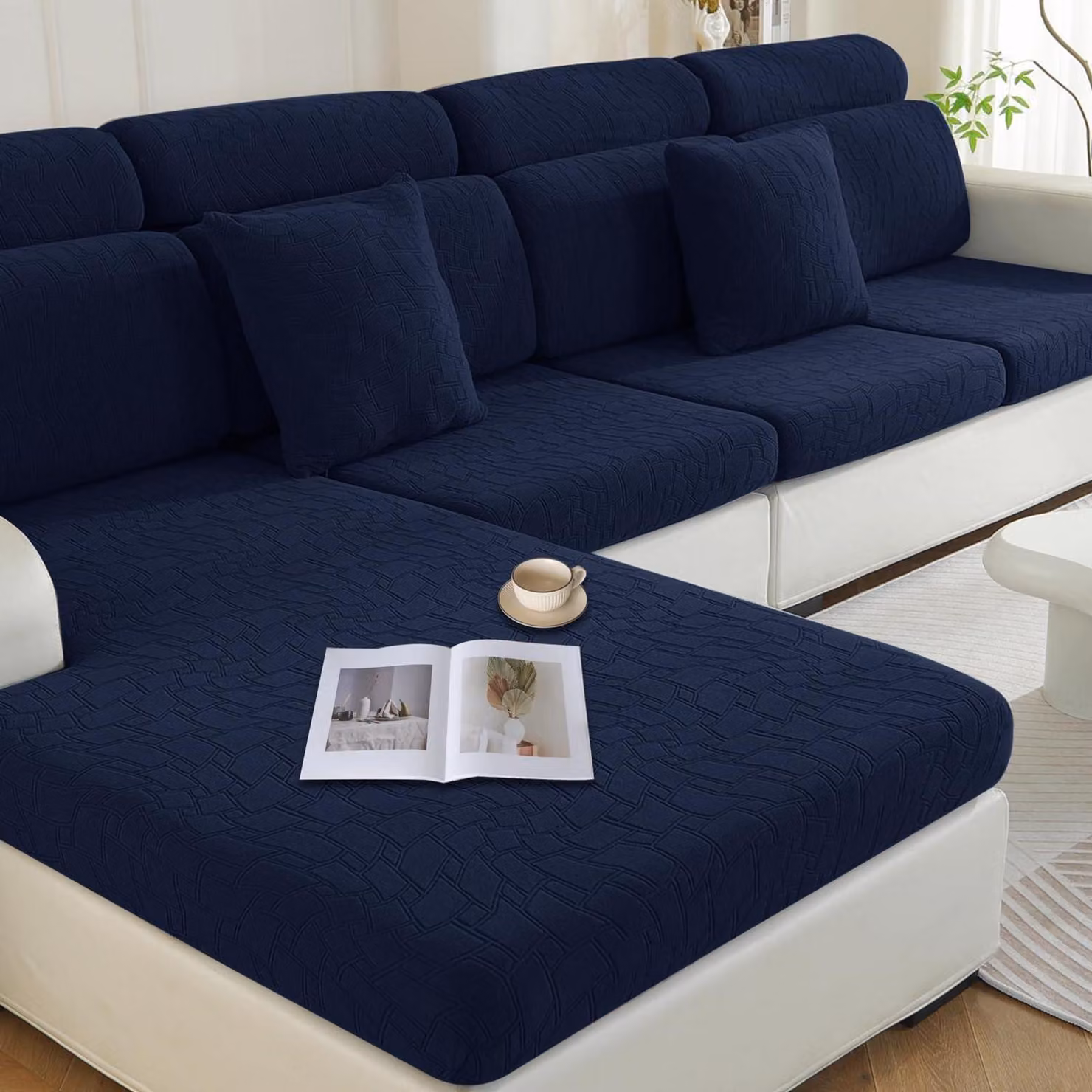 Copertura per cuscino da seduta, elasticizzata, per chaise longue, colore blu scuro, motivo geometrico, lavabile