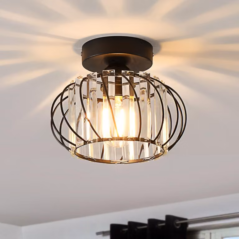 Lampadario a soffitto in cristallo nero ANWIO, plafoniera moderna con attacco E27, lampada in vetro e cristallo per soggiorno, corridoio, ingresso. Plafoniera rotonda con paralume, ideale per camera da letto e cucina, diametro 23 cm