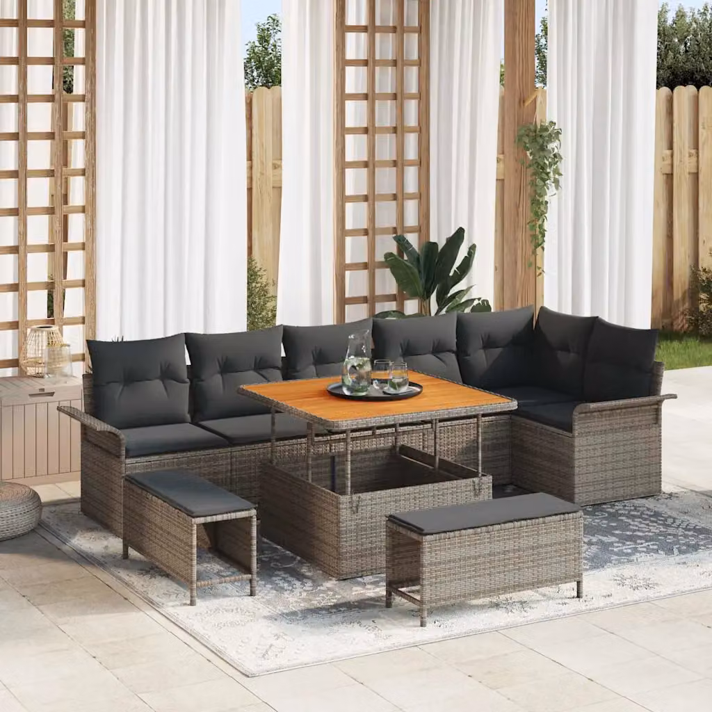 Set Divano da Giardino vidaXL 9 Pezzi con Cuscini Grigio per 8 Persone con Struttura in Acciaio e Tavolino – 1