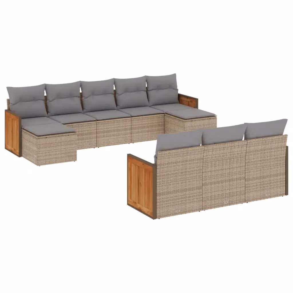 vidaXL Set Divano da Giardino 10 pz in Polyrattan con Cuscini Beige e Struttura in Legno di Acacia – 2
