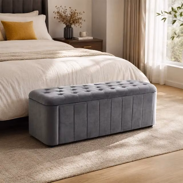 Panca imbottita in velluto con vano contenitore Minimal grigia L: 120 cm, P: 45 cm, H: 40 cm – 1