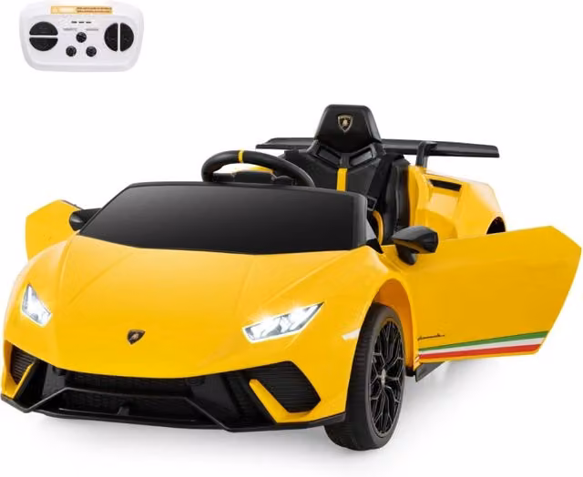 Auto elettrica 12V con telecomando luci LED musica clacson e sospensioni a molla, Auto sportiva a batteria Giallo