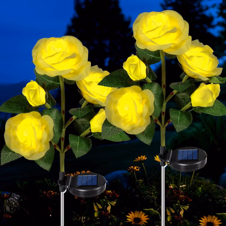 Set di 2 lampade solari a forma di rosa, grado di protezione IP65, resistenti alle intemperie, con 5 petali, colore giallo