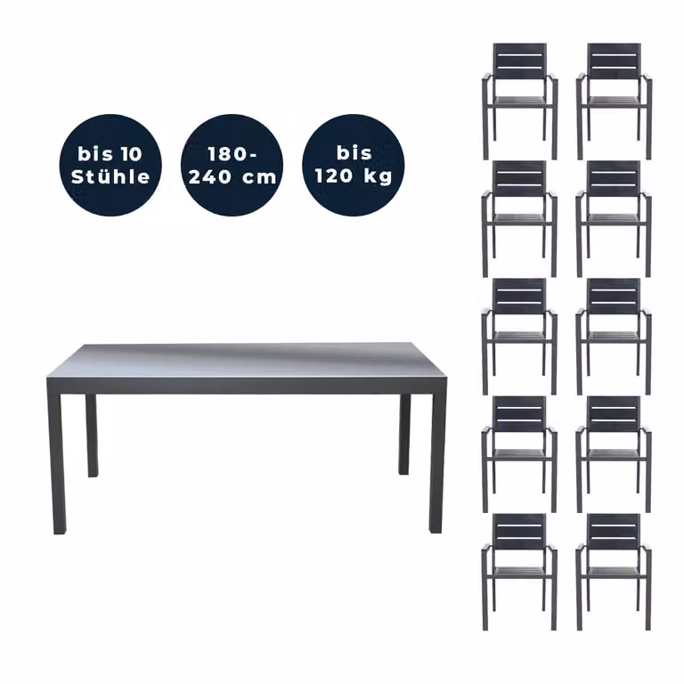 Home Deluxe - Tavolo da giardino allungabile - SOL - ca. 180 (240) x 90 x 75 cm - incl. 10 sedie, incl. accessori I Mobili da giardino tavolo allungabile set da balcone