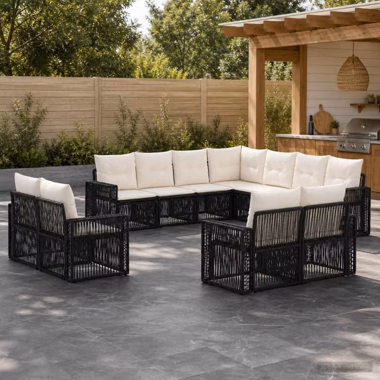 Set Divano da Giardino vidaXL 11 pz a forma a U in Polyrattan Nero e Bianco Crema con Cuscini Inclusi e Struttura in Acciaio Verniciato a Polvere