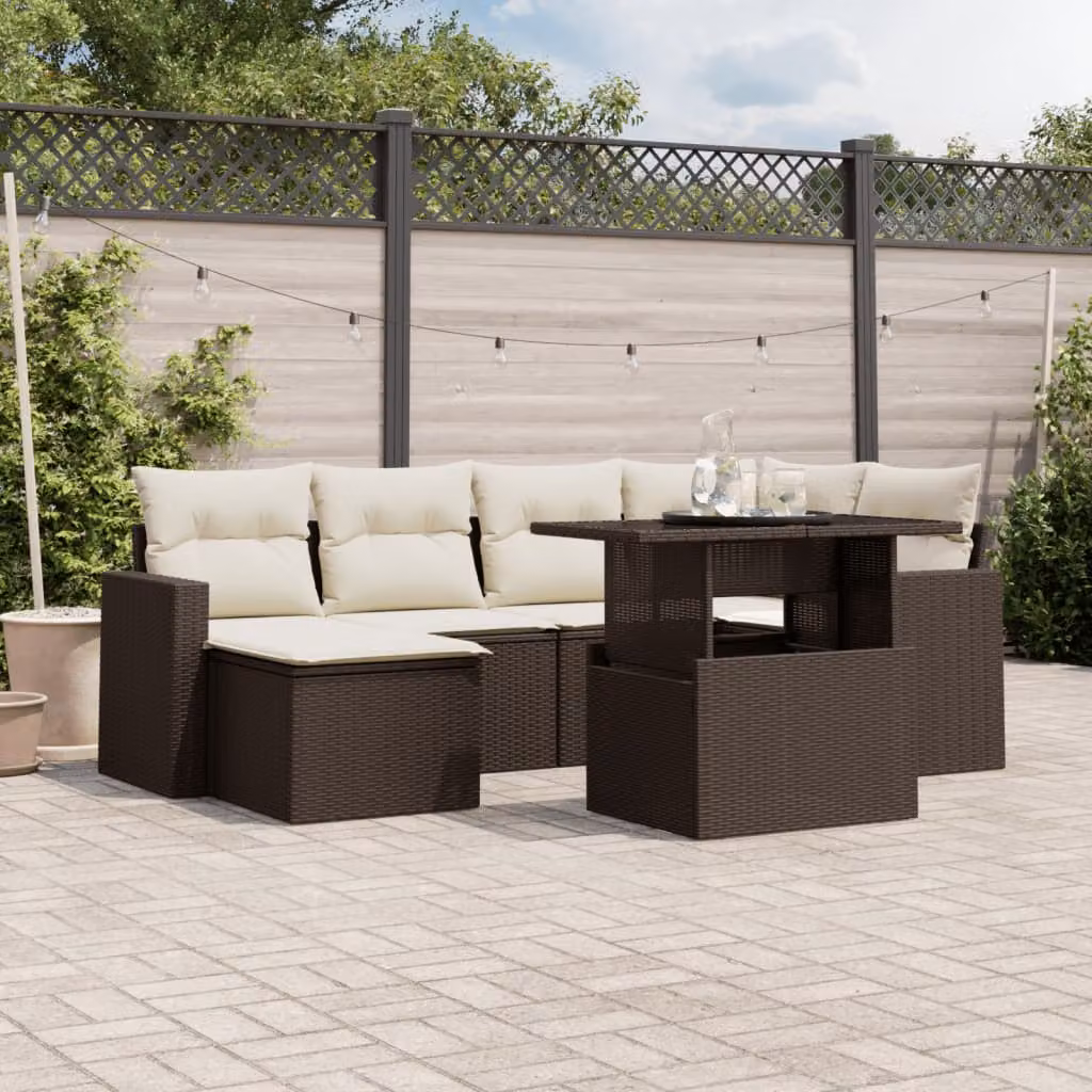 Set di divani da giardino vidaXL 7 pezzi in polyrattan marrone con cuscini e tavolino da esterno a forma di L – 1
