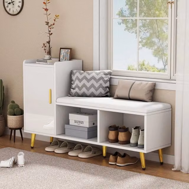 Scarpiera con Panca Imbottita e Ante Minimal Bianco Lucido per Ingresso L: 120 cm, H: 71.5 cm, P: 35 cm