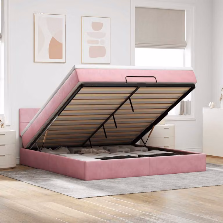 vidaXL Pouf Letto con Materasso e LED in Velluto Rosa e Bianco, L/P/H: 180 x 200 x 88 cm