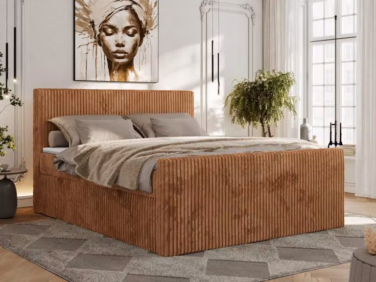 Letto continentale con contenitore per la biancheria da letto TILIANO DUO 140x200, rigidità media H3 - Topper T25, arancione - tessuto in velluto a coste