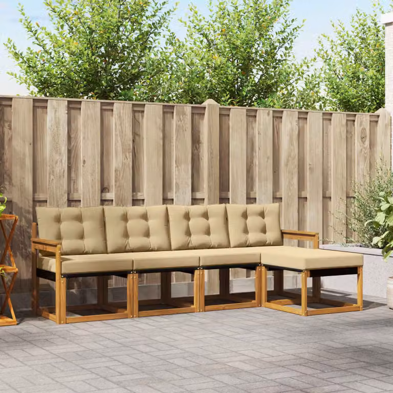 Set di divani da esterno vidaXL a forma di L con pouf e cuscini, struttura in legno di acacia e tessuto beige