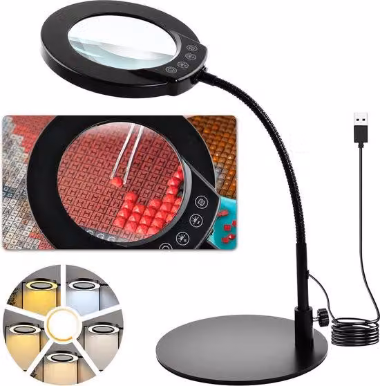 Lampada di ingrandimento a LED Unyqoos® (con dimmer) – Ingrandimento 10x, lente diottrica da 4,3 pollici, 5 modalità di illuminazione e luminosità regolabile dal 5% al 100%, collo flessibile a 360° e base in metallo