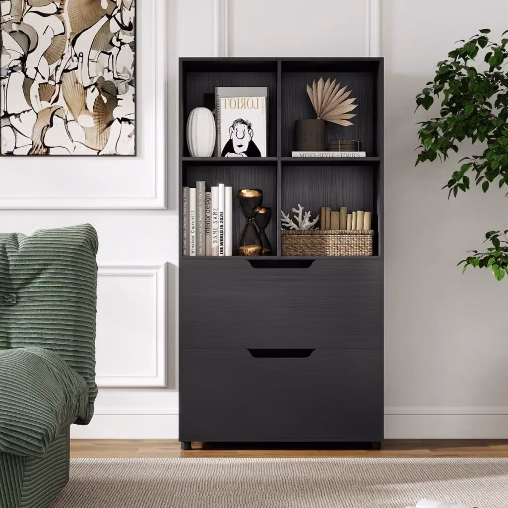 Libreria moderna DESIGN IN a 4 cubi con 2 cassetti in legno e metallo nera per soggiorno o ufficio domestico – 2