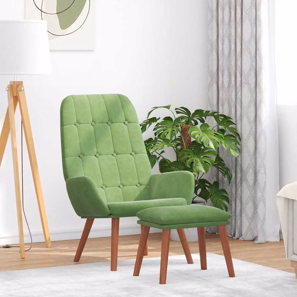 vidaXL Poltrona Relax con Poggiapiedi in Velluto Verde Chiaro con Struttura in Legno e Metallo