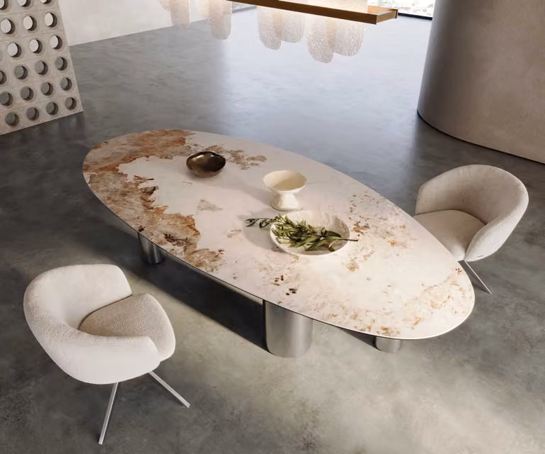 Tavolo da pranzo DELIFE Edge ovale, 280x130 cm, piano in Vetroceramica Minas Melange, gambe in metallo verniciato bianco-beige, struttura a pilastro in acciaio inossidabile
