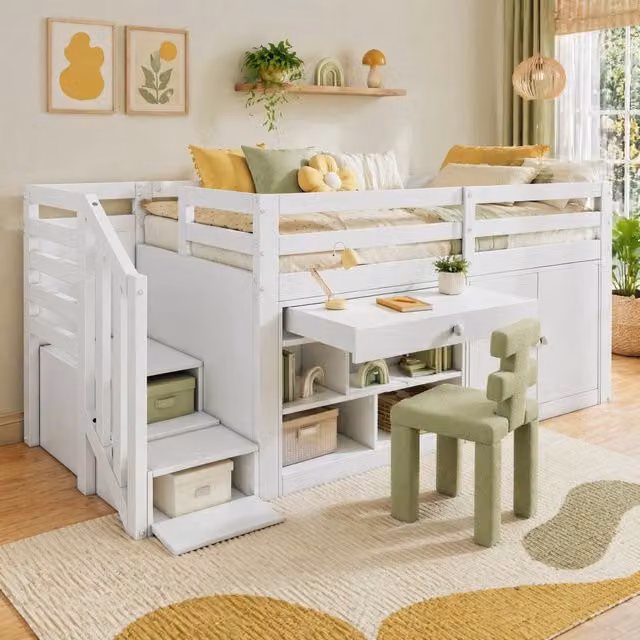 Letto per bambini 90x200 cm con contenitore, scala e cassetti in legno massello e MDF bianco