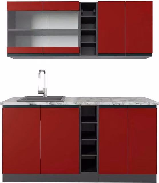 Cucina completa Vicco R-Line J-Shape moderna in legno Rosso e Antracite con piano in marmo, L: 160 cm